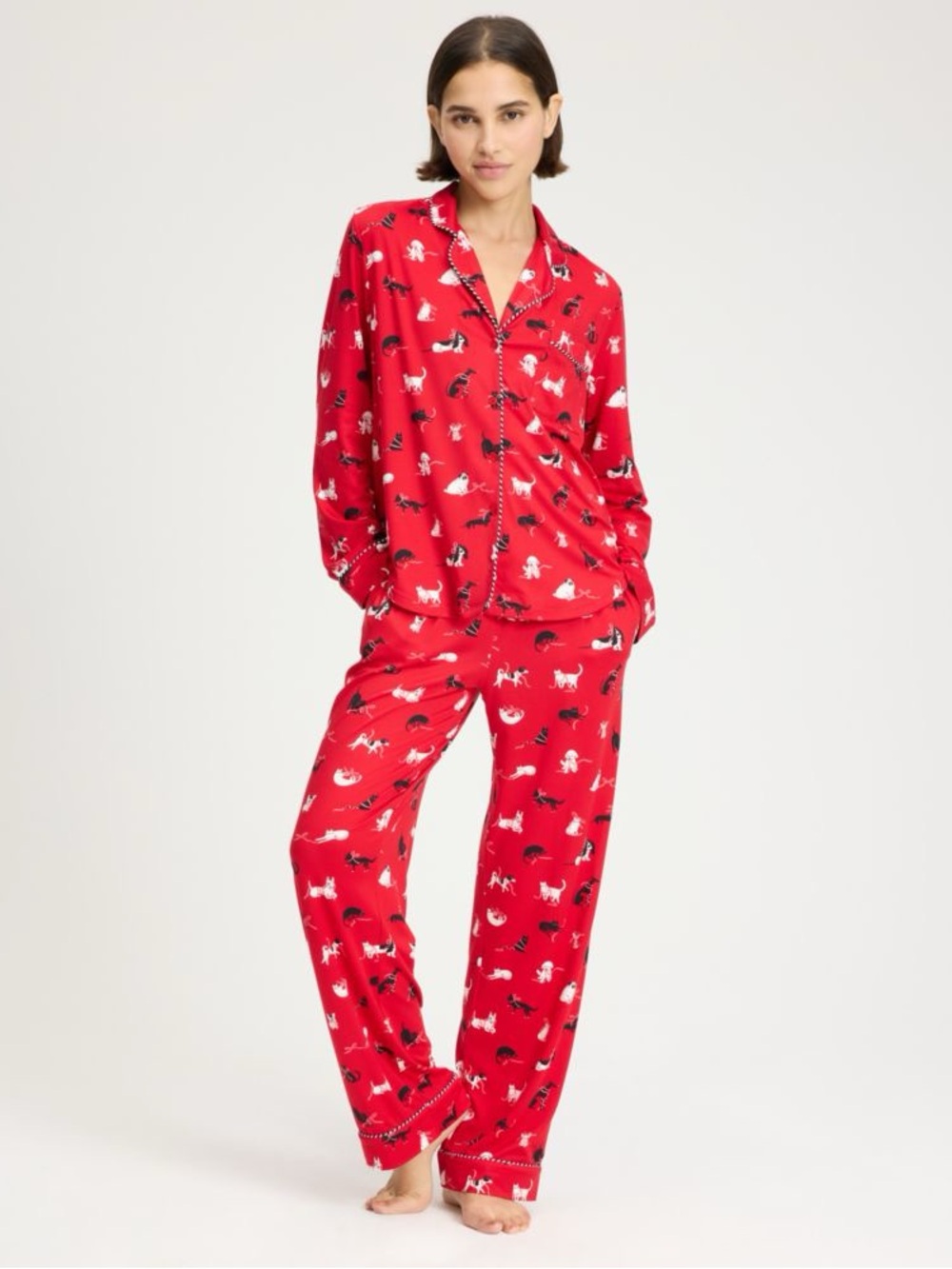 Kate Spade ♠️ Red Printed Pajama Set with Dog & Cat Motif. Size XL